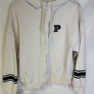 PINK Victoria's Secret Cream Zip Hoodie with Green velvet Stripe Detail